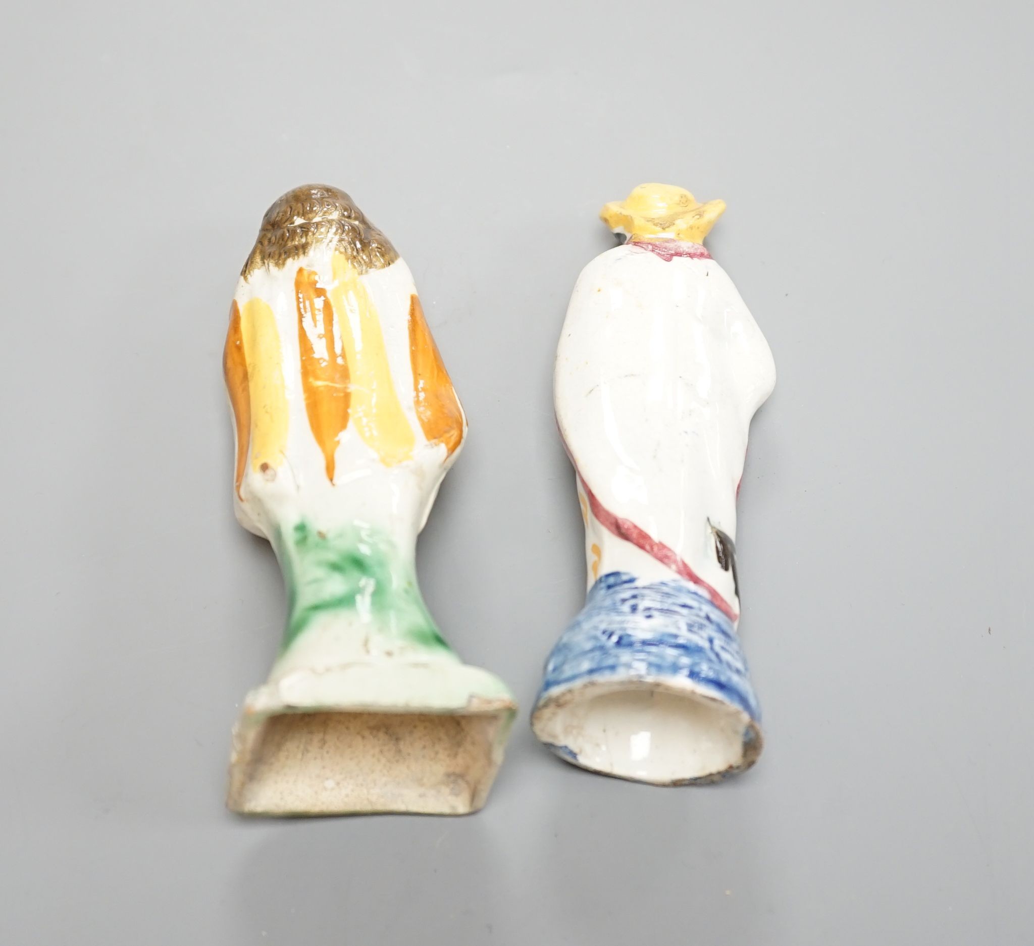 Two prattware figures circa 1800. and a salt-glazed pistol 25cm